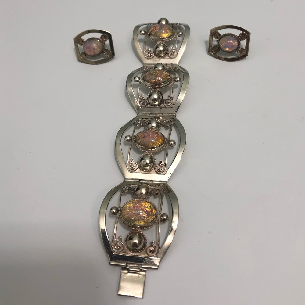 MEXICO 925 Sterling Silver Vintage Dragon's Breath Glass Chain Bracelet